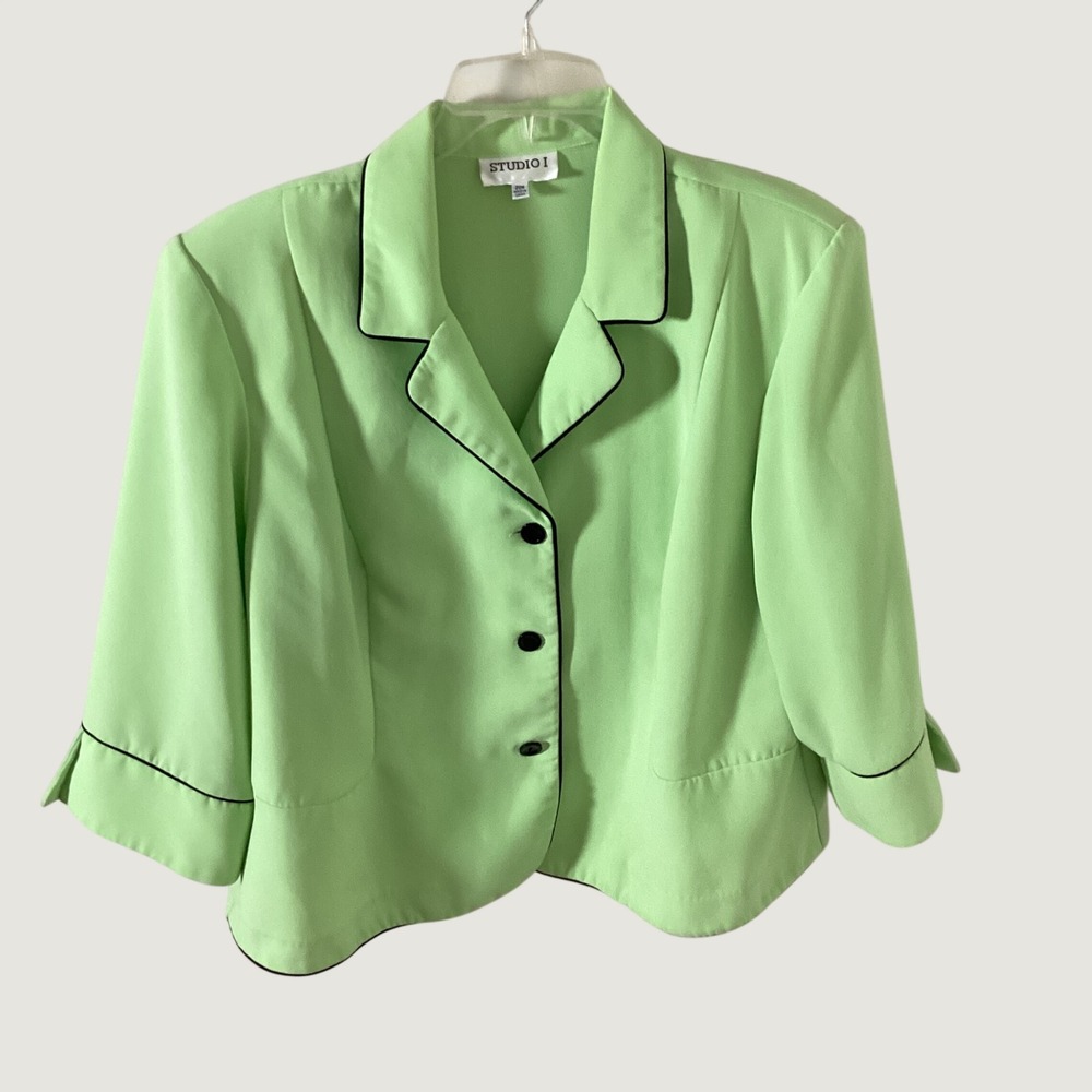 Studio I Blazer Womens 20W Green Contrast Piping Career Plus Size Professional